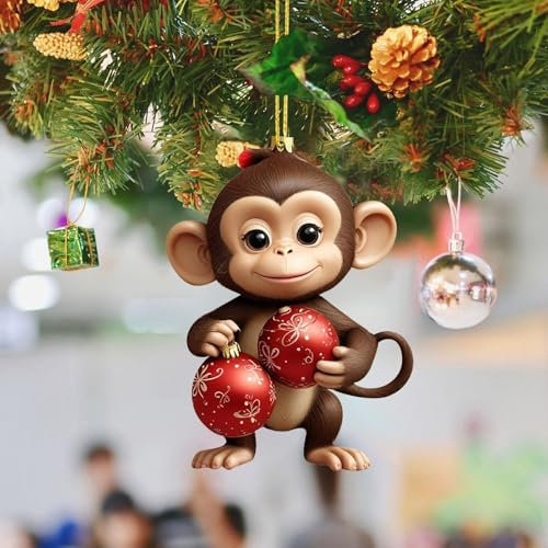 Weihnachtsaffe Hängende Ornamente Acryl 2D Christbaumschmuck Weihnachtsdeko Niedlich Monkey Christbaumanhänger Weihnachten AFFE-Figuren Anhänger Weihnachtsschmuck Weihnachtsanhänger Baumschmuck (F)