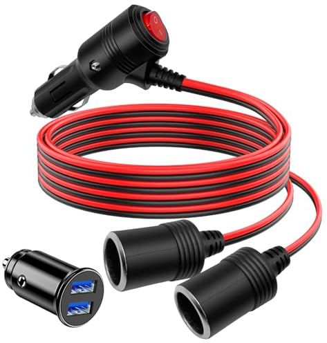 Hoembpn Zigarettenanzünder Verteiler Verlängerungskabel mit Schalter, 12V/24V 2 Wege Buchse Adapter, 1 bis 2 Auto Zigarettenanzünder Stecker und Dual USB Autoladegerät für KFZ Wohnmobile LKW,1 Meter