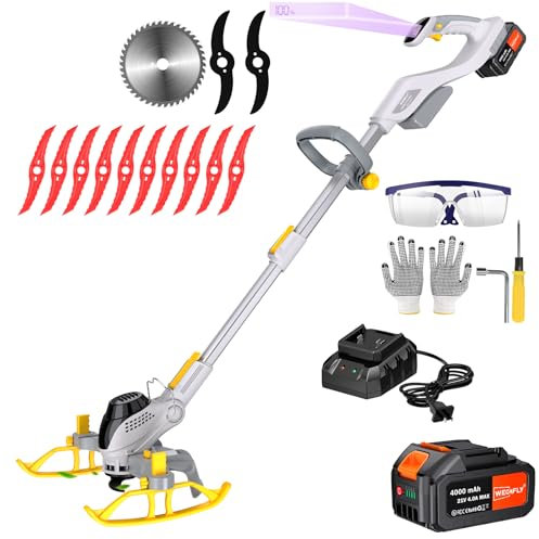 WeGofly 28CM Akku-Rasentrimmer, (1 x 21V 4.0A Akku und schnelles Ladegerät, Hilfsgleitrad, Trimmrad, Teleslopstiel, 1X Sägeblätter, 2X Metallmesser, 10x Kunststoffmesser) freischneider ​akku