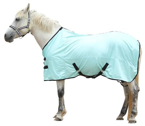 Gallopoff Fliegendecke für Pferde, atmungsaktive Sommerdecke mit UV-Schutz und Kratzschutz, mit verstellbarem Brustverschluss, Kreuzgurt und Beinschnüren Grün 135 cm