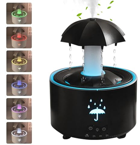 Rotating Umbrella Rain Humidifier, 7 Color Raindrop Waterfall Lamp, Aromatherapy Diffuser Essential Oil Humidifier with Rain Sounds For Sleeping (Black)