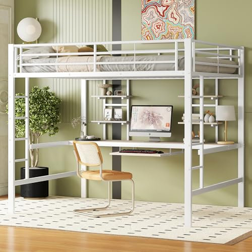 Hochbett, 140 * 200 cm, Bettgestell Metallbett, Eisenbett, Hochbett mit Schreibtisch und Zwei Bücherregalen für Kinder, Jugendliche und Erwachsene, Weiß