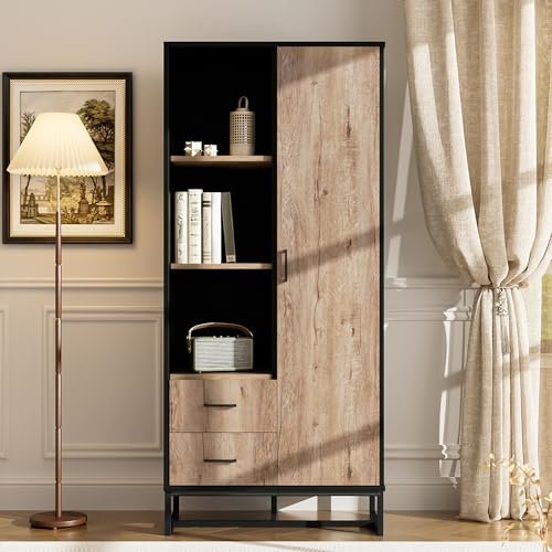 A ALFRESCOOL Armadio moderno 80 x 40 x 180 cm, effetto legno con cornice nera, con porta, 2 cassetti e 3 scomparti aperti, versatile spazio per soggiorno, ufficio e corridoio