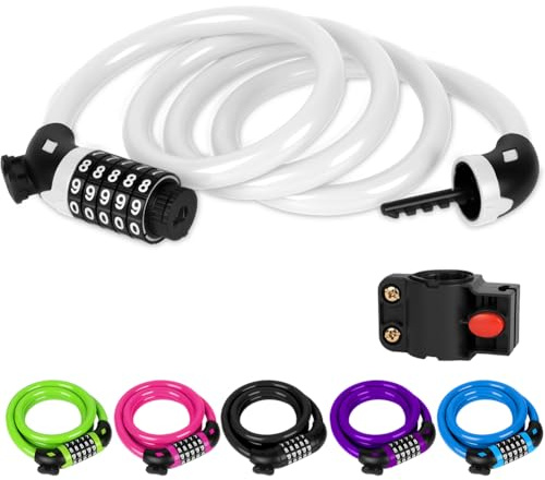 Ainiv Antivol Vélo 120 cm x 12 mm, Cadenas de Velo, avec Combinaison Réinitialisable à 5 Chiffres, avec Support de Montage, pour Vélo, Scooter électrique, Moto et Clôture - Blanc