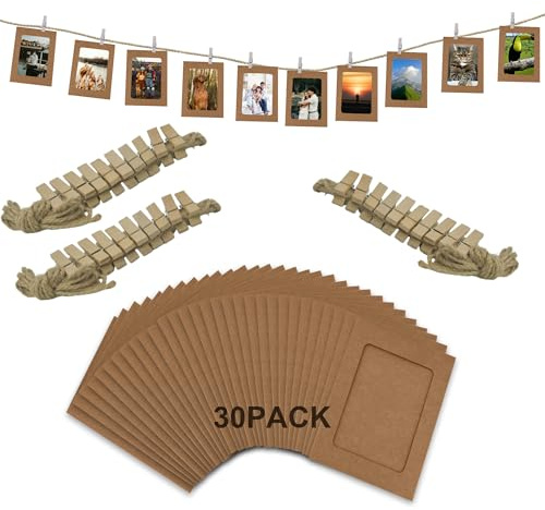SZWLJ 30Stück Rinderleder Papp-Fotorahmen mit Aufhängeschnur & Holzpflöcken | Für Ihren Fotobanner, Ihre Fotowand, Fotogirlande und Event-Dekorationen