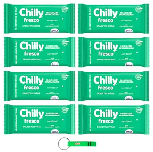 8x Chilly Intimhygiene Tücher Frisches - lang anhaltende natürliche Frische - mit natürlichem Menthol- Jede Packung enthält 12 Tücher + Beni Culinari Kostenloser Schlüsselanhänger