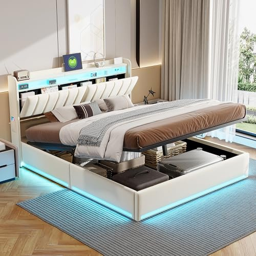 Henunem Lit Coffre 160×200 avec LED et Ports USB,Tête de lit Capitonné avec Étagères Ouvertes et Rangement Caché, Lits 2 Personnes avec Hydraulique, Sommier à Lattes, Velours (Beige-044, 160×200cm)