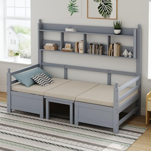 SACOOL Multifunktionales Massivholz Schlafsofa 200x90cm, 2-in-1 Bett und Schreibtisch, Frei Umbaubar, Mit Bücherregal Zur Aufbewahrung, Mit Bequemen Kissen, Gästebett Einzelholzbett, Grau