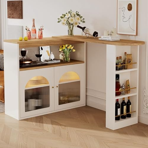 LORISMAI Ausziehbarer Esstisch mit Stauraum, Stehtisch Bistrotisch, drehbar, für Esszimmer,Mit 1m langem LED Lichtstreifen(Einstellbare Lichtfarbe),Weiß