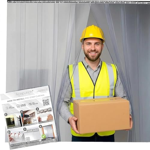 Acepunch Rideau à Lanières PVC Transparent 120x210cm Vinyle Résistant | Rideau PVC Industriel avec Kit de Fixation, Isolation pour Chambre Froide, Entrepôt, Garage et Porte Commerciale