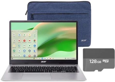 acer Chromebook 15.6 Full HD Laptop | Intel Celeron N4500 | Integrated UHD Graphics | Protective Sleeve| Silver | 4GB RAM | 192GB SSD (64GB+128GB SD Card) | Chrome OS | Bundle with 128GB SD Card