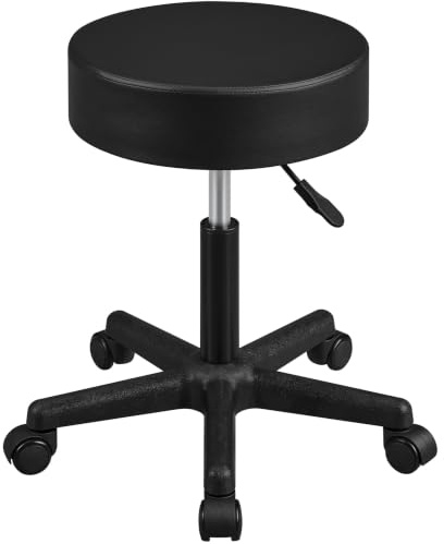 Yaheetech Taburete Giratorio sobre Ruedas, Taburete Rodante Regulable, 46-61.5 cm,Asiento Tapizado de Polipiel Sintético,para Hogar Oficina,Estudio,Tatuajes Salón,Masajes Centro,Belleza,Negro