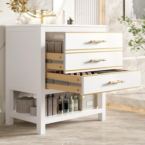 DACHETOU Mueble bajo lavabo independiente 70 x 90 cm, color blanco/dorado, 2 cajones + compartimento abierto, lavabo de cerámica (sin grifería)