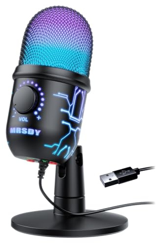 MRSDY USB Gaming Microphone for PC with Noise Reduction, Mute, Gain, RGB | Condenser Mic, Headphone Jack, Suitable for PC, Computer, PS4, PS5, Mac, Streaming, Podcasting, Recording, YouTube, Discord