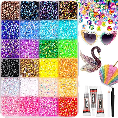 DUSKWINK Bedazzling Kit with Glue 30000PCS Nail Rhinestones Set | 24 Colors 3mm Flat Back Crystals, Includes Tweezers ,Pen & 3 Glue Tubes, Perfect for DIY Nails, Crafts | Clothes and Shoes Decoration