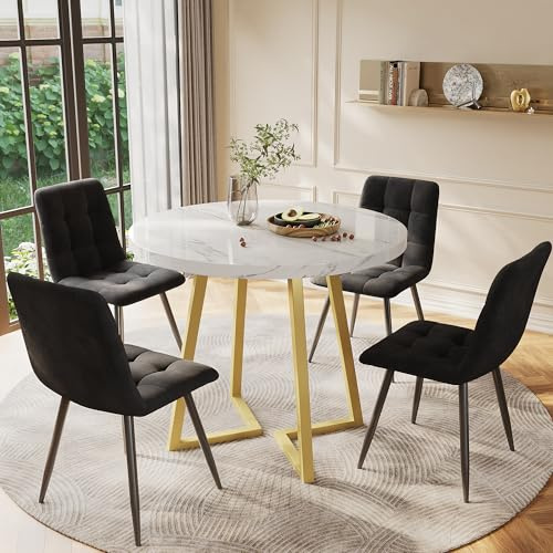 LINKHOO Ensemble de Table à Manger (5 pièces), avec 4 chaises, Able de Cuisine Ronde de 80 cm de diamètre avec Pieds en métal doré, Plateau en MDF Blanc, chaises en Velours Noir