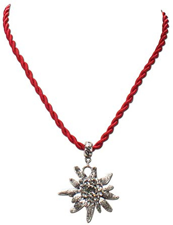 Trachtenkette Kordel mit Strass-Edelweiß - Damen Kordelkette mit Kristallstein, Dirndlkette mit Kordelband für Trachtenbluse und Lederhose, Dirndl-Schmuck fürs Oktoberfest (in traditionellen Farben)