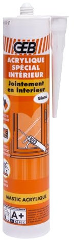 GEB Mastic acrylique spécial intérieur pour le calfeutrement autour des portes et fenêtres en intérieur. Multi supports. Peut se peindre. Sans odeur. 310ml - Blanc