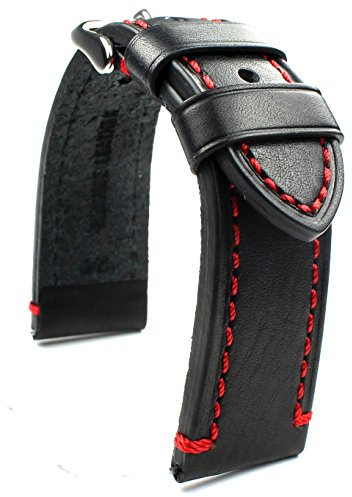Sulla 24mm Herren Leder Retro Pilot Uhrenarmband Catalonia Schwarz rote Naht