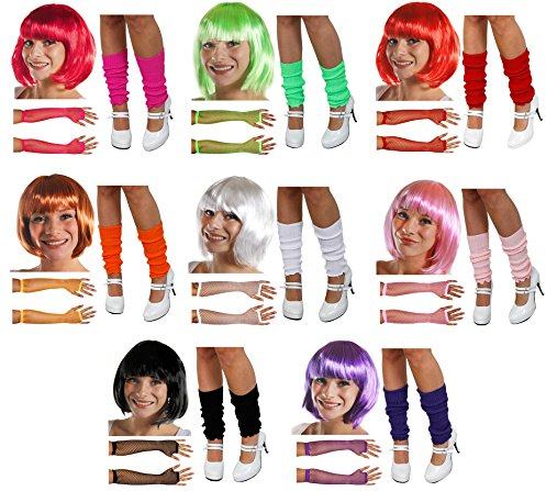 ADULT WOMENS 1980S DISCO DIVA FANCY DRESS COSTUME - BOB WIG + LEG WARMERS + FISHNET GLOVES 80S SET GREAT FOR LADIES HEN NIGHT FANCY DRESS PARTY - ORANGE