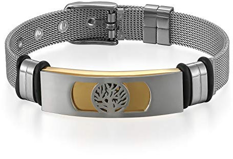 Flongo Bracelet Réglable en Acier Inoxydable pour Homme Femme Motif de Arbre de Vie Couleur Argent/Or Bracelet Manchette à la Mode
