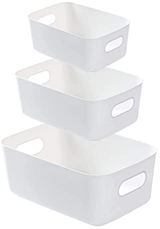 Aufbewahrungsbox aus Kunststoff, 3 Pcs Organizer mit Griffen Weiß, Aufbewahrungskorb Plastik, Aufbewahrungskiste mit Henkel, Rechteckiger Aufbewahrungskorb für Küchen, Badezimmer, Kosmetik(3 Größe)