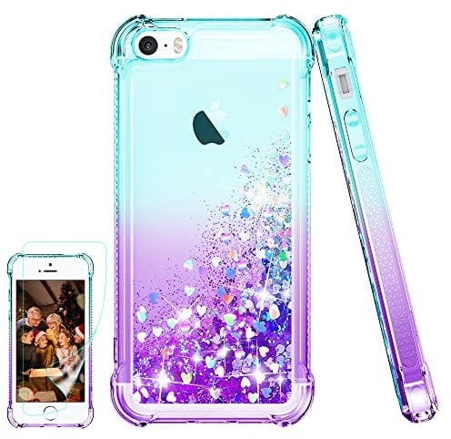 Pilaru for iPhone SE 2016 & 5 / 5S Case Clear Liquid Heart Lovely Glitter Soft TPU Cover Transparent Girly Protective Phone Case for iPhone SE (1rd Gen) 4.0-inch,Teal/Purple
