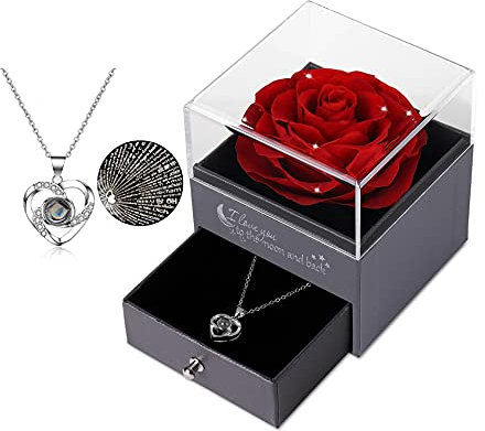Tiaronics Echte Rose mit Ich Liebe Dich Halskette in 100 Sprachen Geschenke für ihre Mutter Frauen Frau Geschenk für Freundin Geburtstag Rot mit Kristall