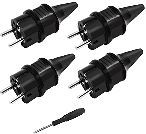 Fiches de Rechange Prises [4 Pack] Électriques Male Schuko Standard, 4 X Fiches Electrique de Contact de Mise à la Terre en Caoutchouc (250V/16A)+1 X Tournevis, IP44 Étanche Prises D'alimentation,Noir