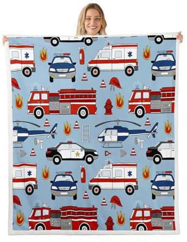 Feelyou Cartoon-Polizeiauto-Fleece-Überwurfdecke, rote Feuerwehrauto-Sherpa-Decke für Kinder, Jungen, Kleinkinder, 127 x 152 cm