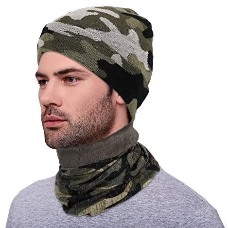 Neer 2 Stück Winter Camouflage Mütze und Halswärmer Set Grün Schwarz Grau Gestrickte Camo Mütze Halsmanschette für Männer Frauen