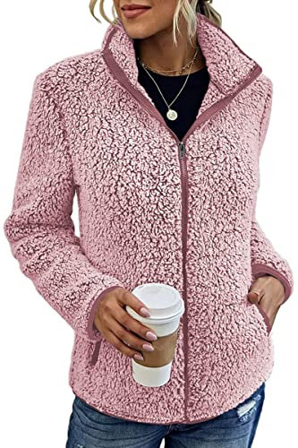 Tomwell Femme Veste Polaire Cardigan Capuche Blousons Hiver Automne Chaud Pull Sweat Shirt Hooded avec Poche Manteau Chandail A Rose M