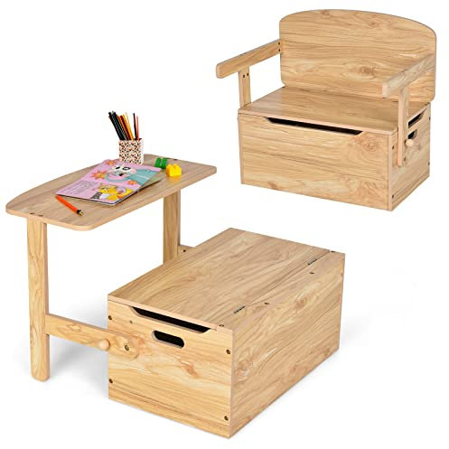 RELAX4LIFE Cassapanca Contenitore Trasformabile 3 in 1 in Legno con Scatola Portaoggetti, Tavolo e Sedie, Scatola dei Giocattoli per Bambini Adatta per Casa e Scuola (Naturale)