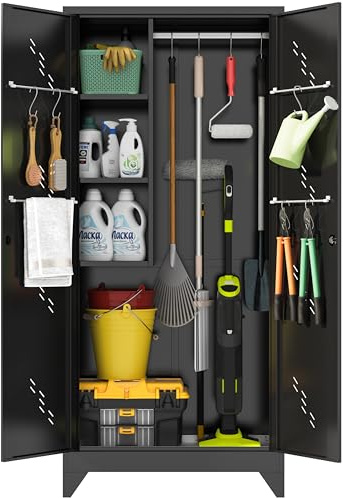 CBNTKI 75 Metal Garage Storage Cabinet, Cleaning Tool Storage Cabinet, Utility Garage Storage Broom Closet with Doors, Hanging Rod (Black, Door-2)