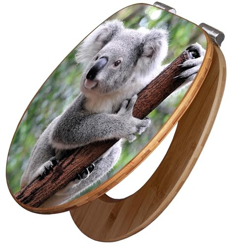 banjado Design WC Sitz Bambus Absenkautomatik 45,8x37,5cm / Toilettendeckel mit Absenkautomatik Holz/hochwertiger Bambus Klodeckel/WC-Sitz für gängigen Toiletten/Motiv Koala