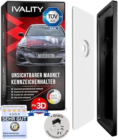 IVALITY Magnetischer Kennzeichen-Halter - Rahmenloser Magnet-Halter für 1x 3D-Kennzeichen - Nummernschild-Halterung - Wechselkennzeichen Auto-Zubehör
