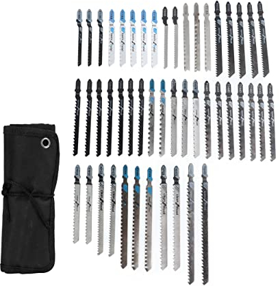 48Stück Stichsägeblätter Set, mit Werkzeugtasche, 14 Arten Zahnform, Zuverlässige Arbeit, Hochgeschwindigkeitsstahl T Schaft Stichsägeblatt Zum Schneiden Von Holz, Kunststoff, Metall
