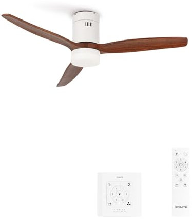 CREATE / WINDCALM M/Deckenventilator ABS mit Beleuchtung Weiß Dunkelholzflügel-Optik mit Fernbedienung und Wandschalter / 40W, Leise, Ø132cm, Timer, DC-Motor, Sommer-Winterbetrieb