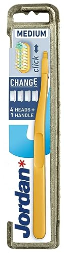 Jordan ® Brosse à dents écologique avec plastique recyclé et têtes remplaçables pour réduire les déchets | Medium | Couleurs mélangées | 1 poignée et 4 têtes de rechange