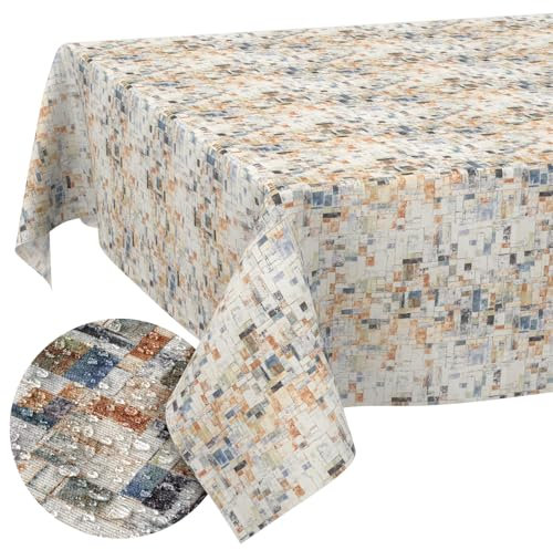 Stoff Tischdecke Tischwäsche Textil Tischtuch Baumwolle Polyester Gewebe abwaschbar pflegeleicht, in rund oval eckig Holzmosaik 220x140cm Schnittkante