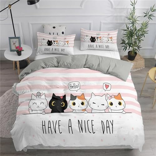 CCZM Copripiumino Una Piazza e Mezza Gatto Set Biancheria da Letto in Microfibra di 3 Pezzi, 1 Parure Copri Piumone 200x200 con 2 Federe 50x80 cm con Cerniera