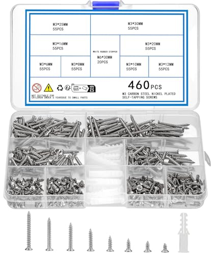 KOXXIAMOQ Ensemble de 460 vis autotaraudeuses M3, Kit de vis à tête plate, Cruciforme pour bois et métal, Assortiment de vis pour plastique, bois et métal