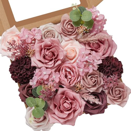 Serwalin Künstliche Blumen, Rosa, Kombi-Box-Set, Seidenblumen mit Stielen für selbstgemachte Hochzeitssträuße, Brautparty, Tafelaufsätze, Arrangements, Party-Kuchendekorationen