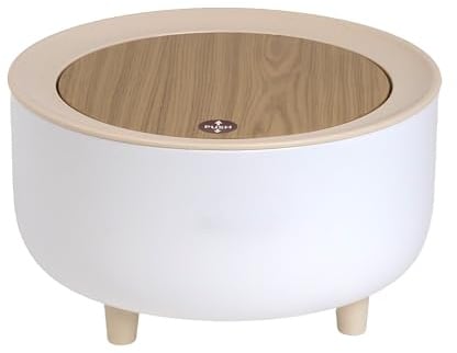 INTIRILIFE Kosmetikeimer flacher Mülleimer in Weiß mit beiger Abdeckung und Bambus-Optik - 19.3 x 10.7 cm - Tischeimer mit Druckknopföffnung für Bad Büro Küche Mini Tischabfalleimer mit Kratzschutz