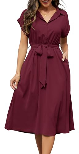 Cassiecy Sommerkleid Damen Knielang Kurzarm Blusenkleid Elegant V-Ausschnitt Midikleid Casual Wickelkleid Strandkleid mit Taschen（XL,Weinrot）