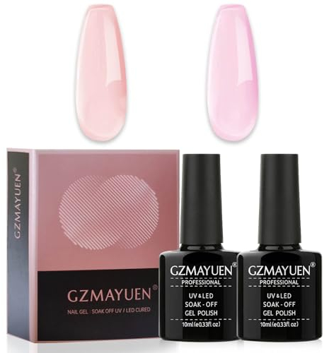 GZMAYUEN Jelly Gel Nail Polish, 2Pcs 10ml Pink Nude Jelly Gel Polish Set, Soak Off UV LED Gel Nail Varnish Long Lasting Nail Art Starter Manicure Salon DIY at Home