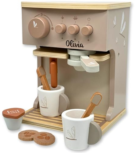 Kinderküche Kaffeemaschine Nougat personalisierbar, Holzspielzeug ab 3 Jahren, Label-Label Zubehör Spielküche, Geburtstagsgeschenk für Kinder, Spielzeug mit Name