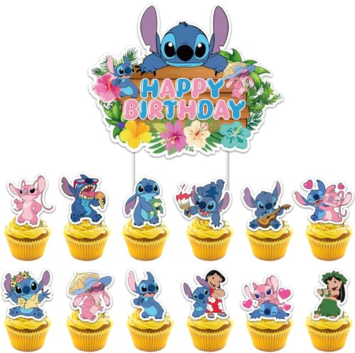 Stitch Cupcake Toppers, 25 Stück Stit Tortendeko Kinder, Cartoons Kuchen Topper, Stitch Kuchen Dekoration, für Geburtstagsfeier Cupcake-Dekoration für Kinder