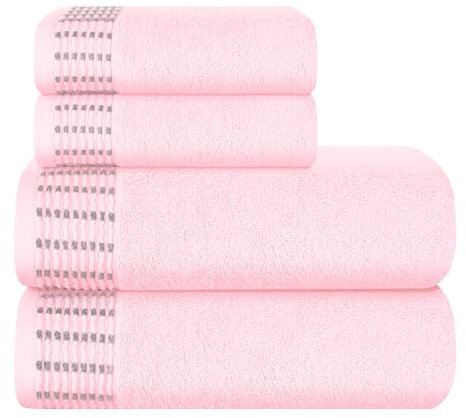 MALLONI HOME Ultra Soft 4er-Pack Handtuch-Set, Baumwolle, enthält 2 übergroße Badetücher 70 x 140 cm, 2 Handtücher 50 x 90 cm, für den täglichen Gebrauch, kompakt und leicht — Rosa