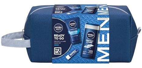 NIVEA MEN Ready to Go Gift Set (4 Products), Men's Grooming Gift Set with Shower Gel, Face Wash, and Lip Balm Plus Practical Washbag